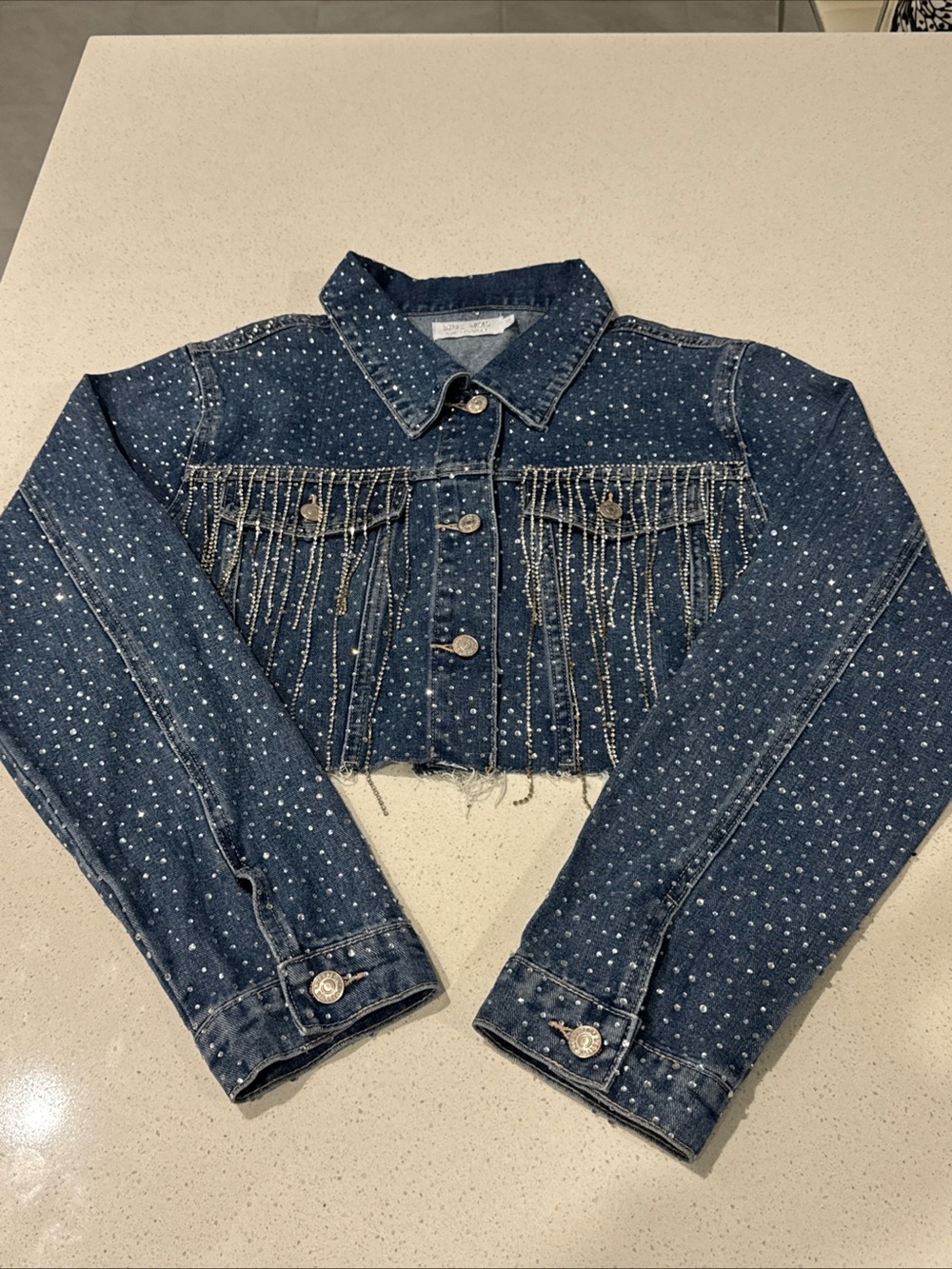 Muy Muy Rhinestone Fringe Cropped Denim Jacket Women’s Size M Bling Jean Coat